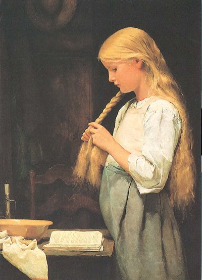 Girl Braiding Hair by Albert Anker